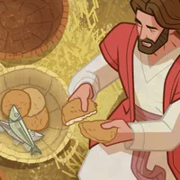 Jesus prays and blesses the food.
