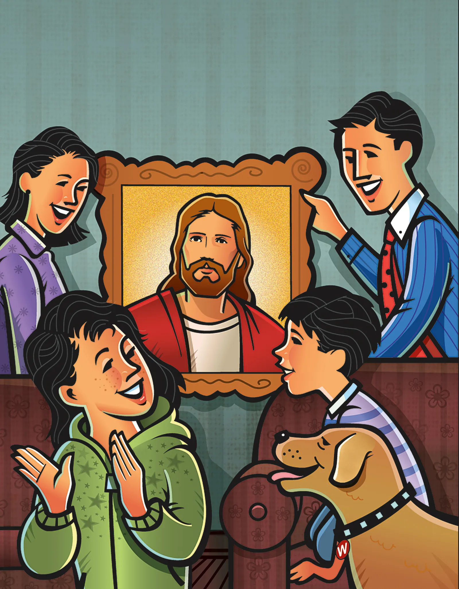 A family hangs a picture of Jesus Christ in their home.