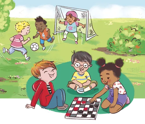 Story about a boy who would rather read at recess than play soccer with the other kids . . . He finds other friends that also are not interested in playing soccer and the three of them play checkers at recess. Illustration inlcudes: ¬∑  Jason sitting under a shady tree reading ¬∑  Kira reading, sitting at a picnic table ¬∑  Mark sitting on the ground ‚Äútwirling some grass‚Äù ¬∑  Kids off to the right playing soccer ¬∑  Inset scene of Jason, Kira and Mark at recess playing checkers