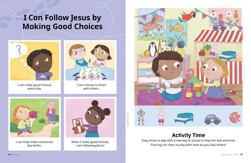 Panel story for young children with images of children making good choices, plus an activity