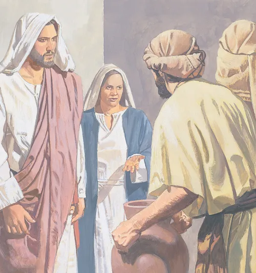 Jesus and Mary talking to servants
