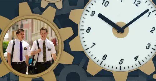gears, clock, and photos of missionaries