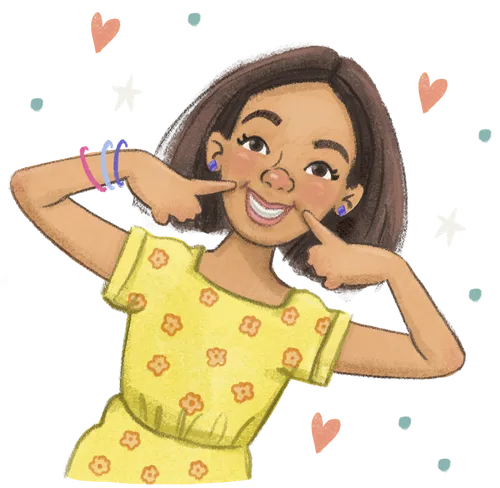 Spot 1: A boy of African descent thinking with a thought bubble coming out from the side of his head. Spot 2: A Hispanic girl pointing to her smile. Spot 3: A name tag – no type on it. Spot 4: Two Caucasian boys sitting on a bench together with backpacks on.