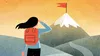 illustration of young woman hiking toward a mountain peak