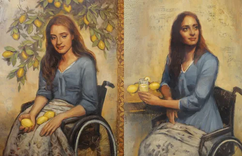 two illustrations of woman sitting in wheelchair