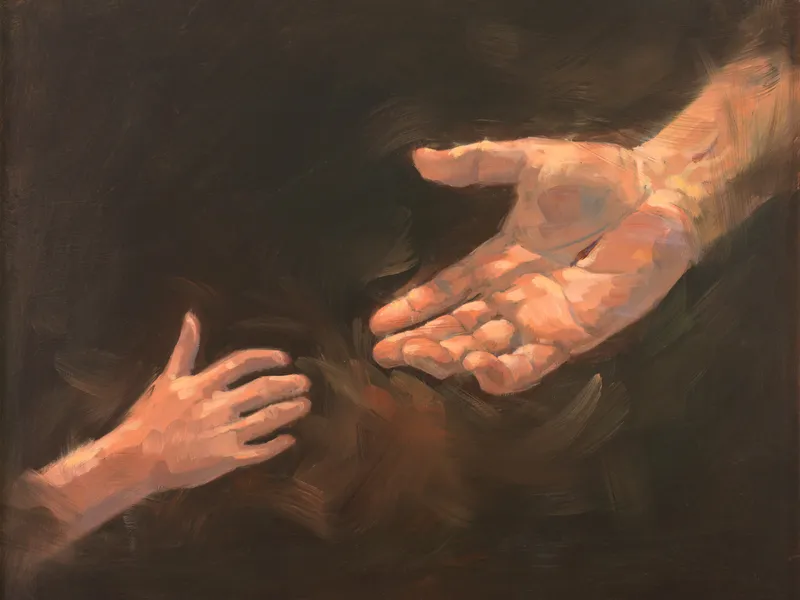 Resurrected Christ hand reaching out to child's hand
