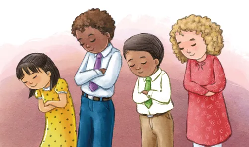 Panel 1 of 6 1. Praying at church in Primary class (see reference photos) He would be standing up. 2. Praying by their bed in the morning, kneeling 3. Praying by their bed at night. 4. Praying in a car, in a car seat, seat-belts on. 5. His family praying together at the dinner table, show him with sisters. Including 6 hidden items. 6. Items: Button, Yo-yo, screwdriver, rulers, paint brush, envelope