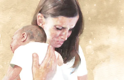 distraught woman with baby