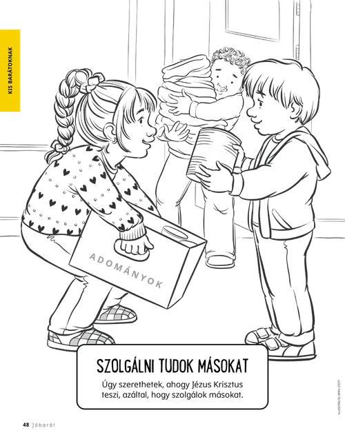 színező adományokat cipelő gyermekekről