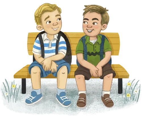 Spot 1: A boy of African descent thinking with a thought bubble coming out from the side of his head. Spot 2: A Hispanic girl pointing to her smile. Spot 3: A name tag – no type on it. Spot 4: Two Caucasian boys sitting on a bench together with backpacks on.