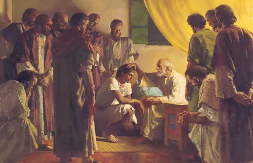 A painting by Harry Anderson of an elderly Jacob placing his hand on the head of one of his sons, who kneels before him, while the other sons look on.