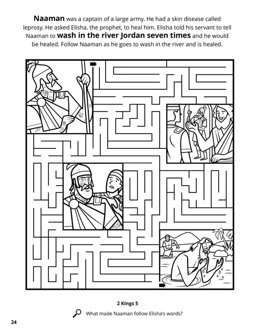 Coloring page PDF of a maze with scenes from the story of Elisha and Naaman