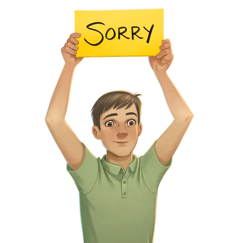 boy holding up sign saying “I’m Sorry”