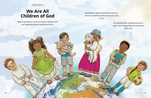Page PDF with illustration of children standing on a globe wearing traditional clothing from different countries