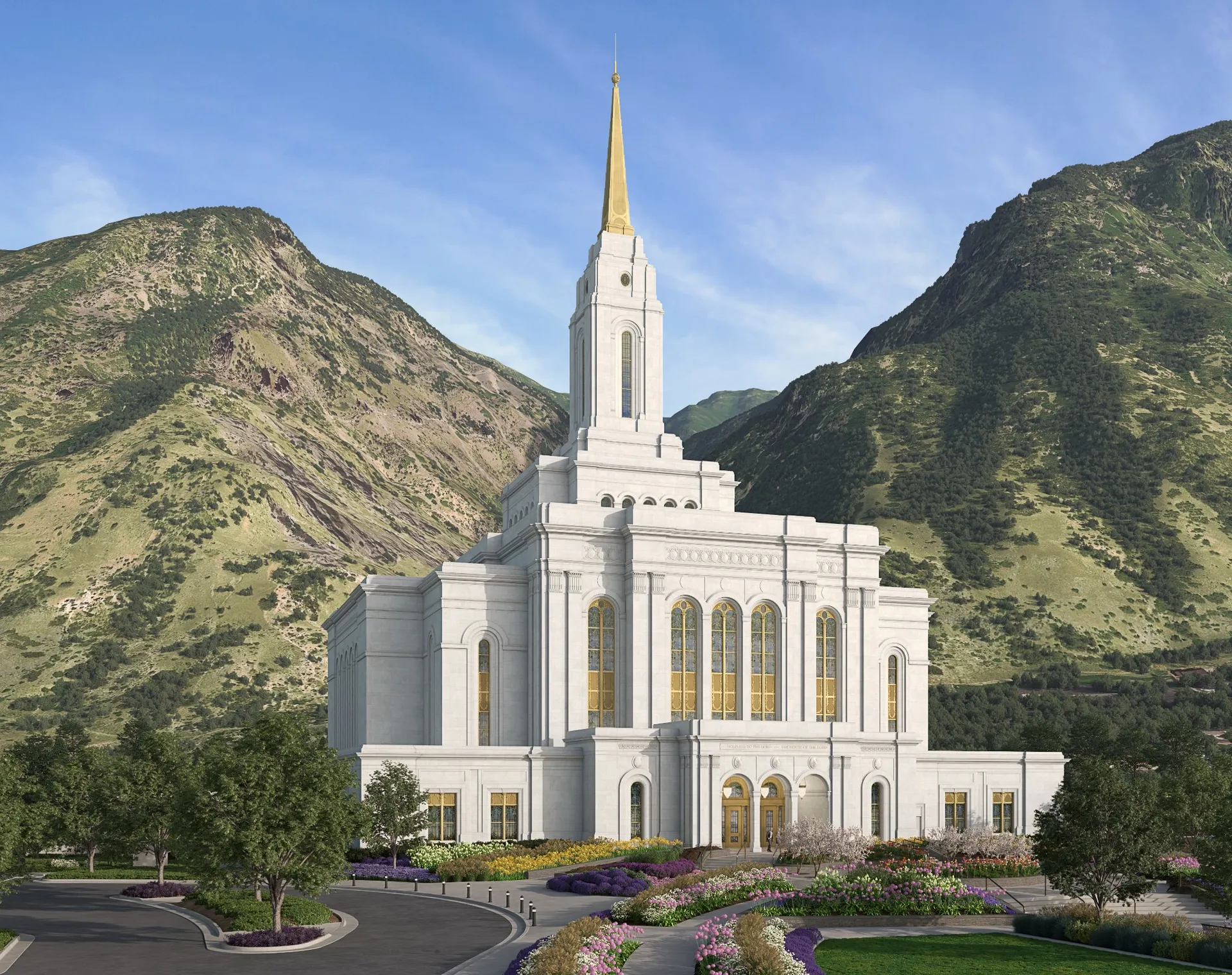 Artistic temple rendering for the Provo Utah Rock Canyon Temple.
