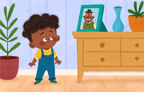 Panel 1: Felix (age 4–5) is looking at a picture of his grandpa. Please make the family Black. Felix should be visibly happy in all the panels. Panel 2: Toys are scattered around a room. Felix is putting them in a basket or box. Panel 3: Felix is holding a dustpan while Mom sweeps stuff into it. Panel 4: Felix’s arms are loaded with laundry. Maybe he’s peeking around the armful and following after Mom. Panel 5: Mom is cooking something in a pot on the stove. Felix is standing on a stool stirring something in the pot. Make sure the mom is visible in this panel. Panel 6: Mom hugging Felix. Maybe Grandpa can be seen through a window approaching the door.