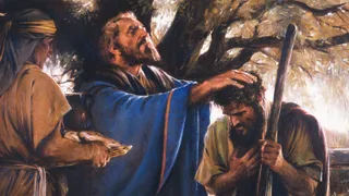 The painting portrays Abram kneeling, his head bowed.  Melchizedek lays his hands on his head blessing him.  His eyes are shut and his face looks up.  An attendant holds bread and wine.