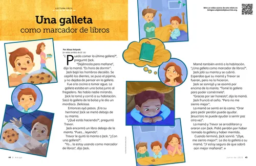 Relato estilo cómic en PDF de un niño que toma una galleta y se esconde en su cama para comerla