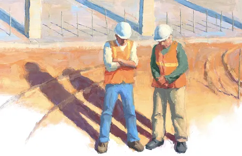 men praying at construction site
