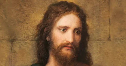 Painting depicts Christ pointing to the poor and needy while the rich young man watches and listens.