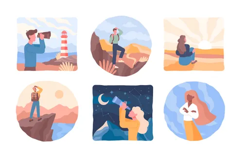 a variety of illustrations showing young adults searching for something