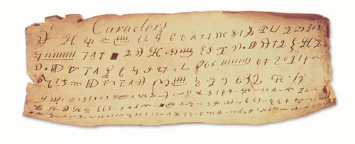 A worn piece of paper bearing characters from the Book of Mormon.