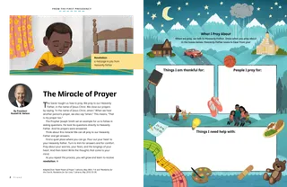 Boy kneeling and praying next to his bed, plus an activity about prayer