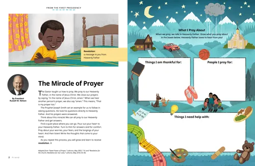 Page PDF with illustration of a boy praying; plus an activity to write down things to pray about