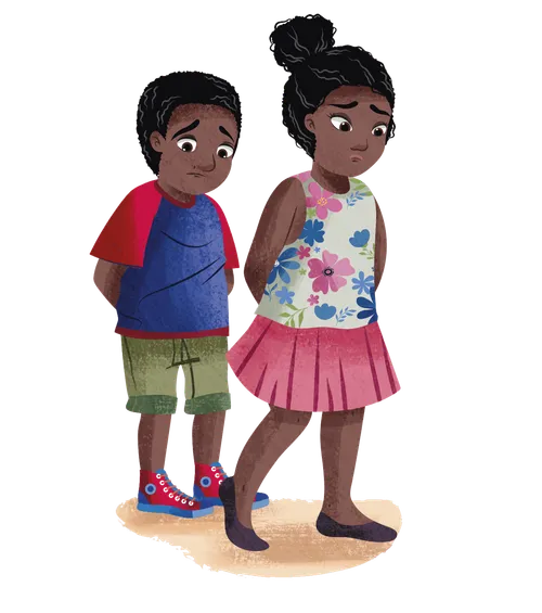 Fun story about a brother and sister rolling eggs off a table creating a huge egg mess! A small spot illustration showing a guilty brother and sister. Illustration showing a mom hugging her daughter and son.