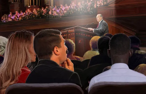 people watching President Monson speak in general conference