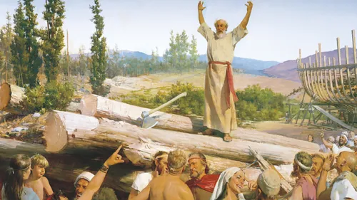Noah standing on a stack of lumber, warning the people