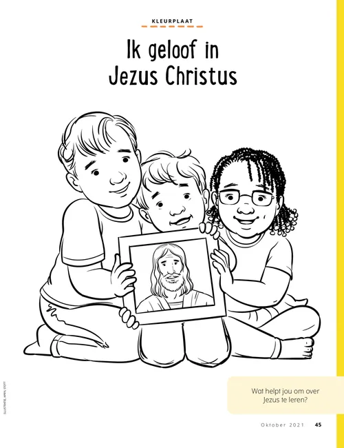Pdf met kleurplaat van drie kinderen die een plaat van Jezus Christus vasthouden