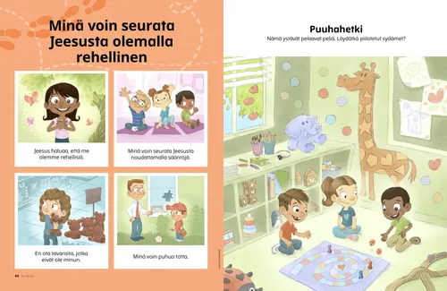 PDF-sivu, jossa hymyilevä tyttö, kolme lasta istuu matoilla ja nostaa kätensä, tyttö pitelee lelunallea kaupassa, poika pelaa baseballia rikkinäisen ikkunan vieressä sekä piilosydäntehtävä