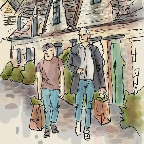 father and son walking