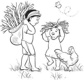 boys carrying sticks