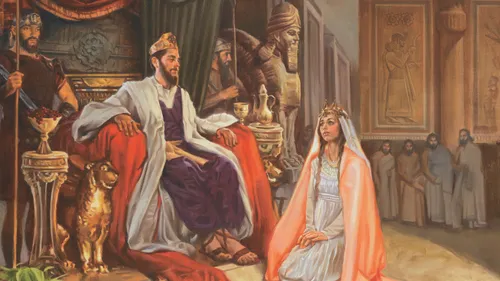 Esther kneeling before the king