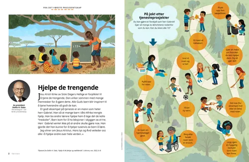 PDF-side med illustrasjon av en mann som underviser barn under trær i Øst-Afrika, pluss et spill der man et på tjenesteprosjekt-jakt