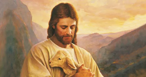 Jesus Christ portrayed holding a lamb in His arms