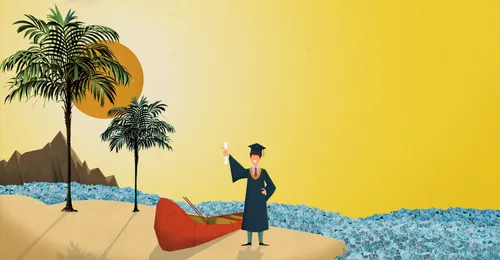 man standing with diploma and a canoe