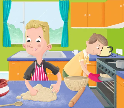 boy making bread with dad