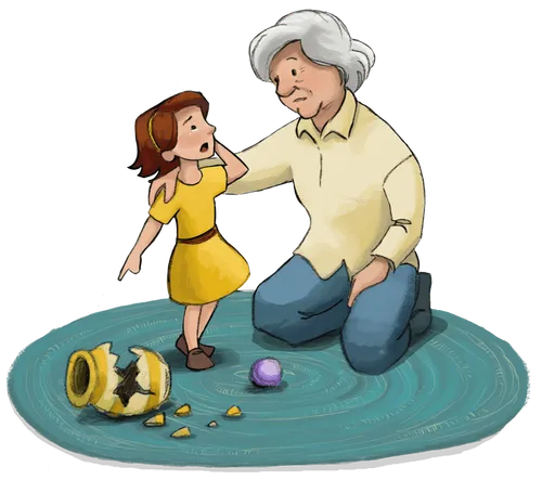 Panel 2 Four spot illustrations. 1. A nativity scene 2. A scene where one girl broke someone’s toy and is saying sorry to her grandmother. 3. Scene of the resurrected Jesus standing outside the tomb. 4. Scene of Jesus with children.