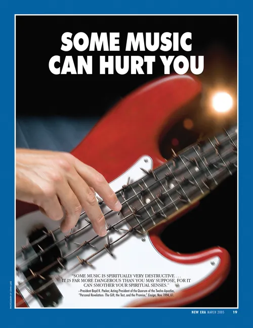 A conceptual photograph showing someone playing a guitar that has barbed wire strings, paired with the words “Some Music Can Hurt You.”