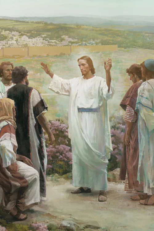 The resurrected Jesus Christ standing with the apostles outside the city of Jerusalem. Christ is dressed in white robes and has His arms extended as He speaks to the eleven apostles. Christ is commanding the apostles to preach the gospel to all nations. The city Jerusalem is visible in the background.