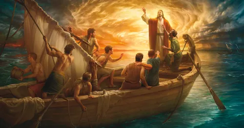 Jesus in boat calming storm