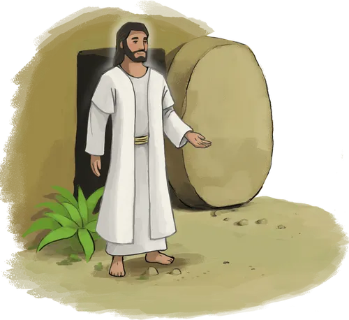 Panel 3 Four spot illustrations. 1. A nativity scene 2. A scene where one girl broke someone’s toy and is saying sorry to her grandmother. 3. Scene of the resurrected Jesus standing outside the tomb. 4. Scene of Jesus with children.