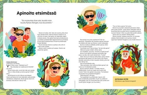 PDF-sivu, jossa poika, jolla on tummat lasit, kuuntelee apinoita viidakkoympäristössä