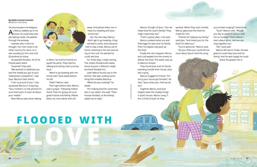 Page PDF with illustrations of a boy being surprised by his grandma and friends, and the boy and grandma walking through a flooded street