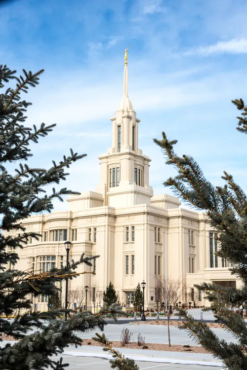 The side of the Payson Utah Temple seen through tree branches during the day.