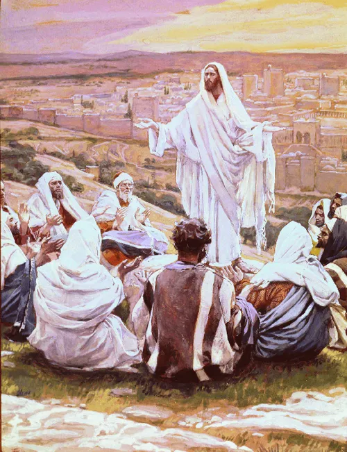 Jesus Christ standing on a mountainside.  A group of men are seated in a circle around Him.  Christ is offering the Lord's Prayer.  Jerusalem is visible in the background.