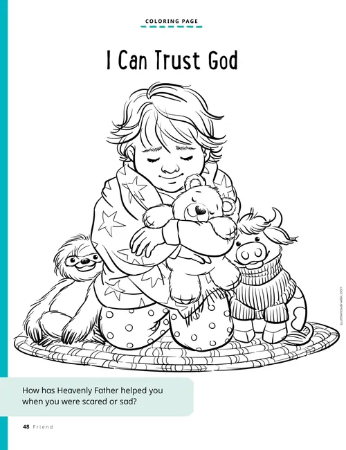 Child praying with stuffed animals